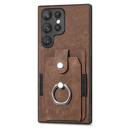 D2 For Samsung Galaxy S23 Ultra Elastic Card Holder Ring Kickstand Leather+TPU Phone Cover
