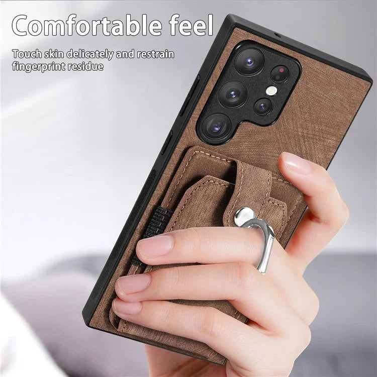 D2 For Samsung Galaxy S23 Ultra Elastic Card Holder Ring Kickstand Leather+TPU Phone Cover