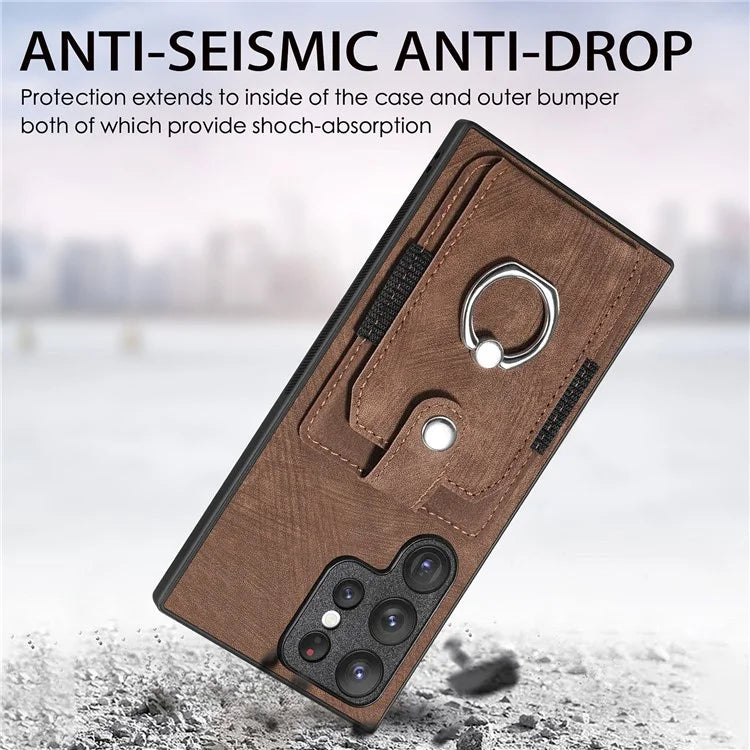 D2 For Samsung Galaxy S23 Ultra Elastic Card Holder Ring Kickstand Leather+TPU Phone Cover