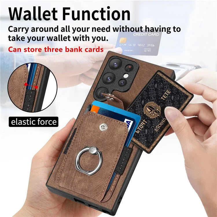 D2 For Samsung Galaxy S23 Ultra Elastic Card Holder Ring Kickstand Leather+TPU Phone Cover
