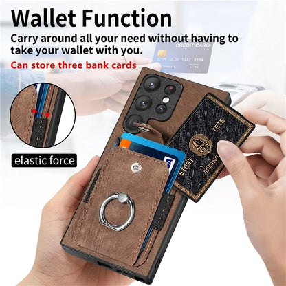 D2 For Samsung Galaxy S23 Ultra Elastic Card Holder Ring Kickstand Leather+TPU Phone Cover