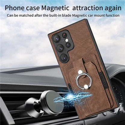D2 For Samsung Galaxy S23 Ultra Elastic Card Holder Ring Kickstand Leather+TPU Phone Cover