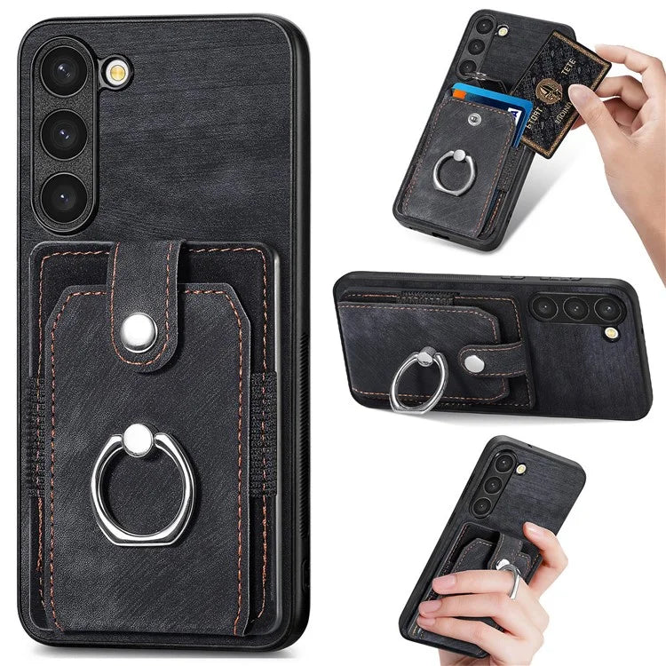 D2 For Samsung Galaxy S23 Case Ring Kickstand Leather+TPU Phone Cover with Card Holder