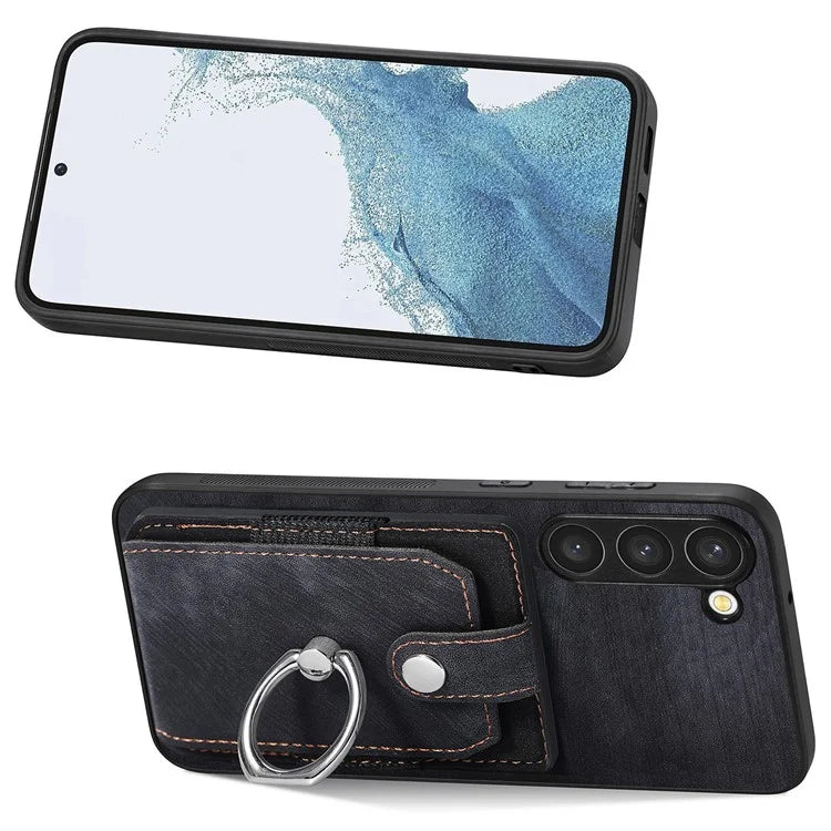 D2 For Samsung Galaxy S23 Case Ring Kickstand Leather+TPU Phone Cover with Card Holder