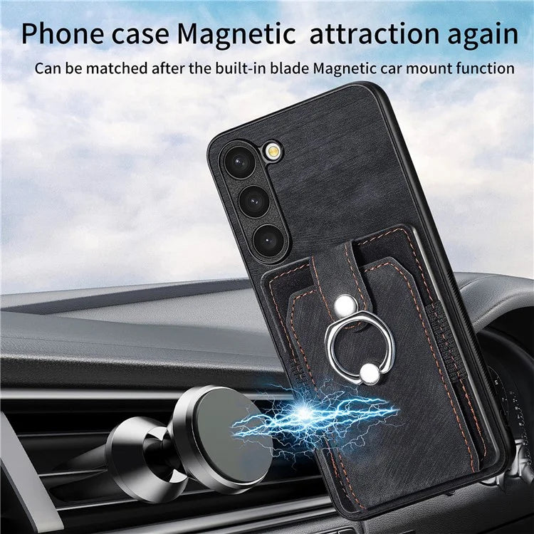 D2 For Samsung Galaxy S23 Case Ring Kickstand Leather+TPU Phone Cover with Card Holder