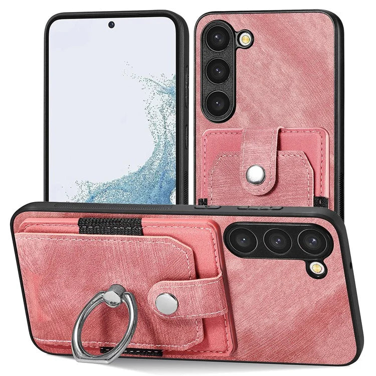 D2 For Samsung Galaxy S23 Case Ring Kickstand Leather+TPU Phone Cover with Card Holder