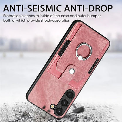D2 For Samsung Galaxy S23 Case Ring Kickstand Leather+TPU Phone Cover with Card Holder