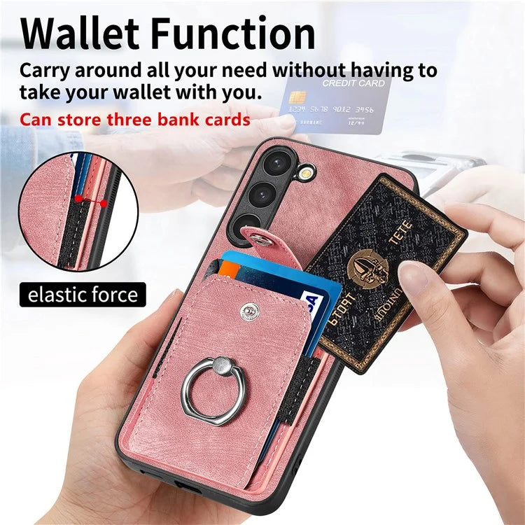 D2 For Samsung Galaxy S23 Case Ring Kickstand Leather+TPU Phone Cover with Card Holder