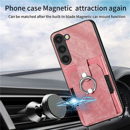 D2 For Samsung Galaxy S23 Case Ring Kickstand Leather+TPU Phone Cover with Card Holder