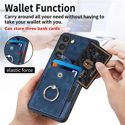 D2 For Samsung Galaxy S23 Case Ring Kickstand Leather+TPU Phone Cover with Card Holder