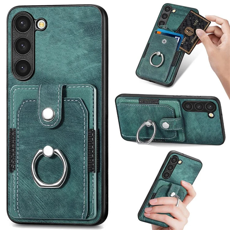 D2 For Samsung Galaxy S23 Case Ring Kickstand Leather+TPU Phone Cover with Card Holder