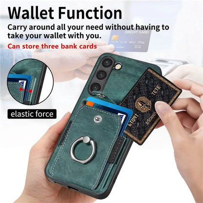 D2 For Samsung Galaxy S23 Case Ring Kickstand Leather+TPU Phone Cover with Card Holder