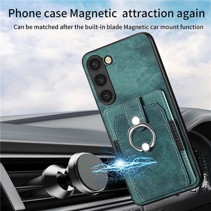 D2 For Samsung Galaxy S23 Case Ring Kickstand Leather+TPU Phone Cover with Card Holder