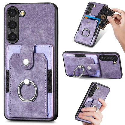 D2 For Samsung Galaxy S23 Case Ring Kickstand Leather+TPU Phone Cover with Card Holder