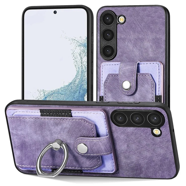 D2 For Samsung Galaxy S23 Case Ring Kickstand Leather+TPU Phone Cover with Card Holder