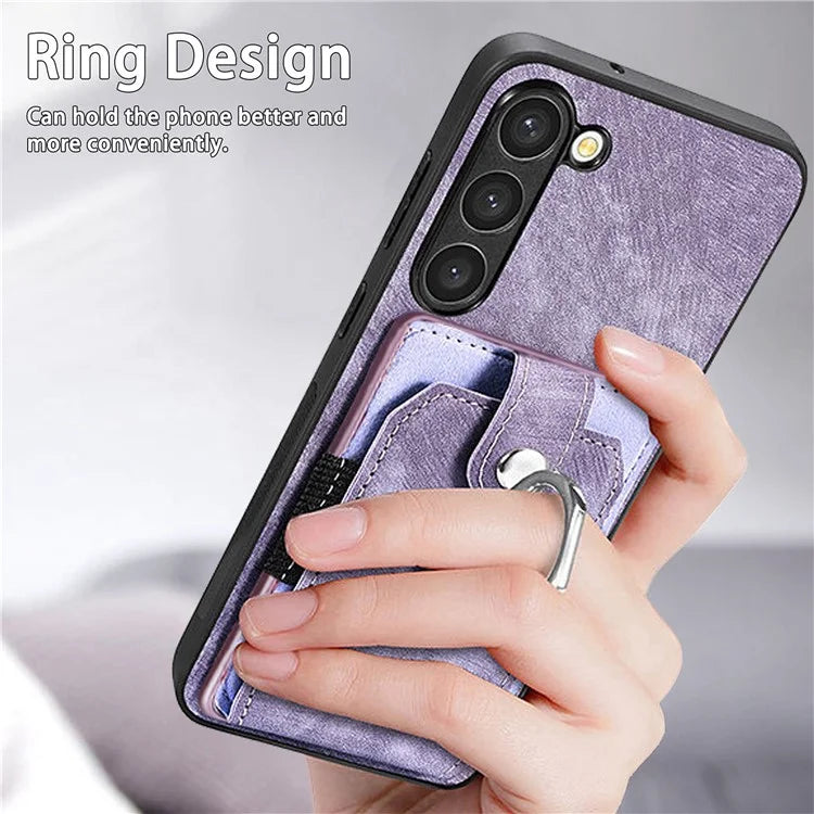 D2 For Samsung Galaxy S23 Case Ring Kickstand Leather+TPU Phone Cover with Card Holder
