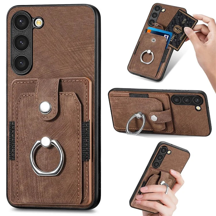 D2 For Samsung Galaxy S23 Case Ring Kickstand Leather+TPU Phone Cover with Card Holder