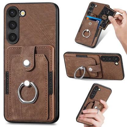 D2 For Samsung Galaxy S23 Case Ring Kickstand Leather+TPU Phone Cover with Card Holder