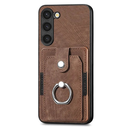 D2 For Samsung Galaxy S23 Case Ring Kickstand Leather+TPU Phone Cover with Card Holder