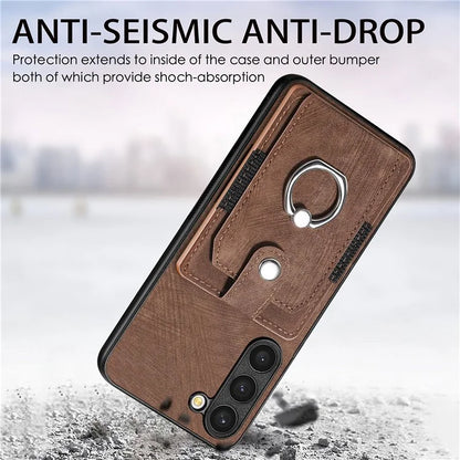 D2 For Samsung Galaxy S23 Case Ring Kickstand Leather+TPU Phone Cover with Card Holder