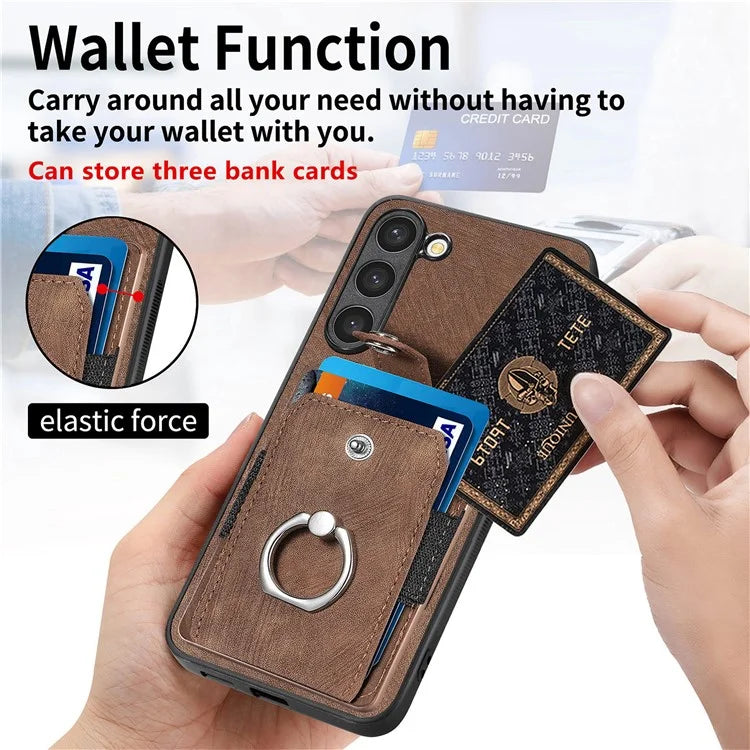 D2 For Samsung Galaxy S23 Case Ring Kickstand Leather+TPU Phone Cover with Card Holder