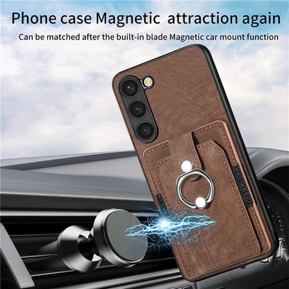 D2 For Samsung Galaxy S23 Case Ring Kickstand Leather+TPU Phone Cover with Card Holder