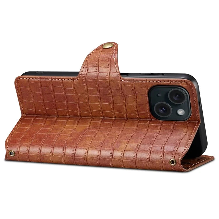 For iPhone 15 Leather Case Crocodile Texture Wallet Full Protection Phone Cover