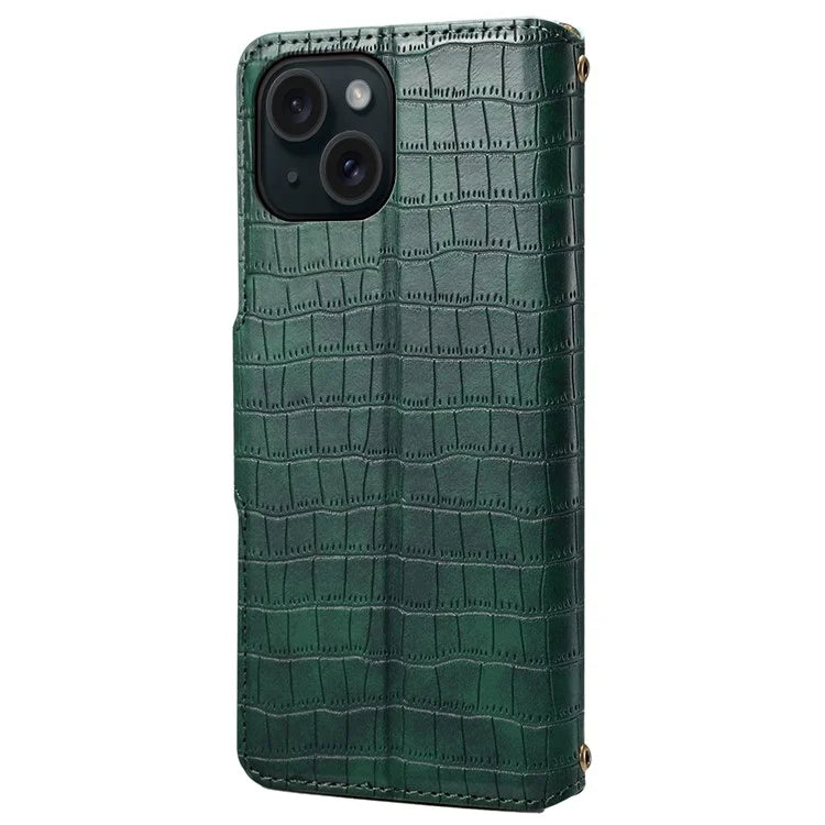 For iPhone 15 Leather Case Crocodile Texture Wallet Full Protection Phone Cover