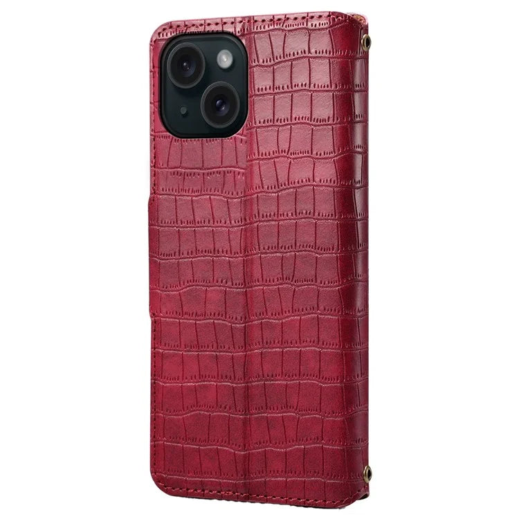 For iPhone 15 Leather Case Crocodile Texture Wallet Full Protection Phone Cover