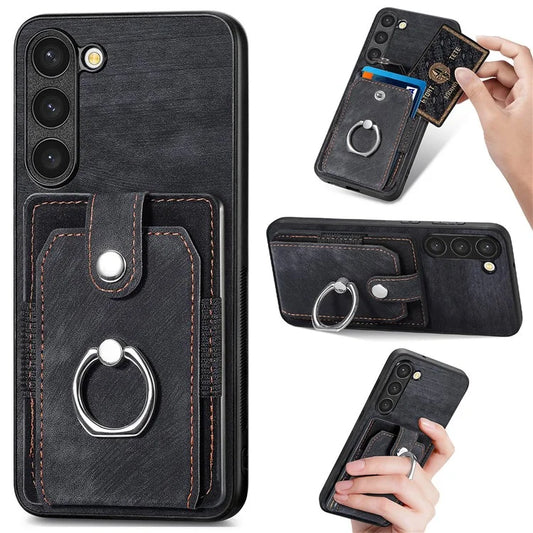 D2 For Samsung Galaxy S23+ Case Ring Kickstand Elastic Card Holder Leather+TPU Phone Cover