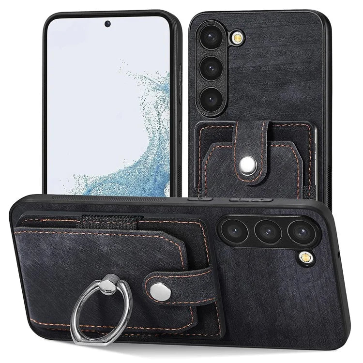 D2 For Samsung Galaxy S23+ Case Ring Kickstand Elastic Card Holder Leather+TPU Phone Cover