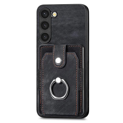 D2 For Samsung Galaxy S23+ Case Ring Kickstand Elastic Card Holder Leather+TPU Phone Cover