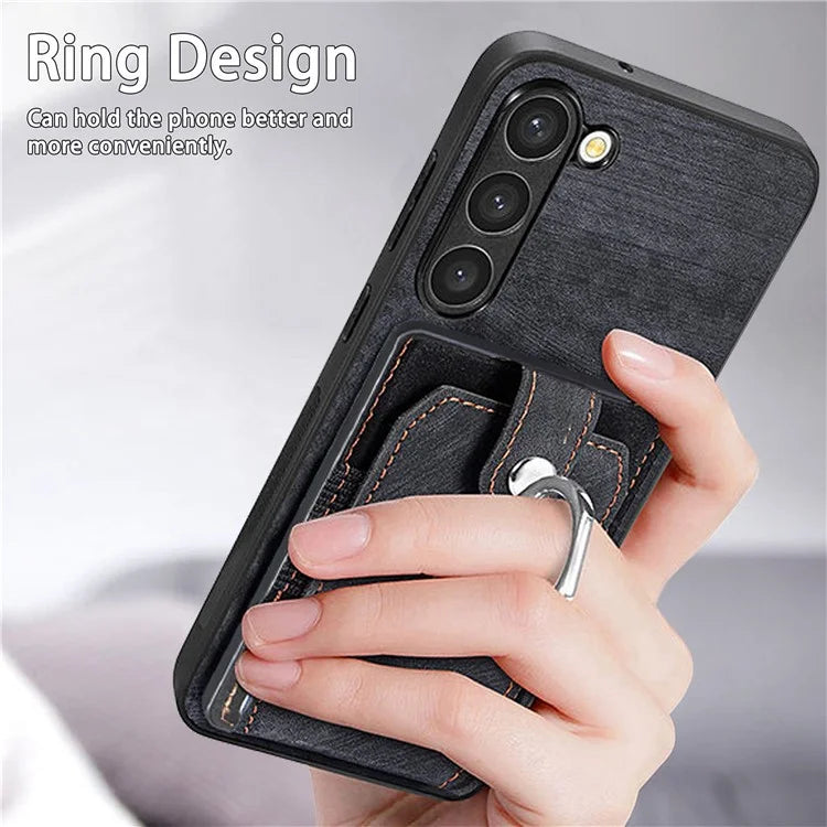 D2 For Samsung Galaxy S23+ Case Ring Kickstand Elastic Card Holder Leather+TPU Phone Cover