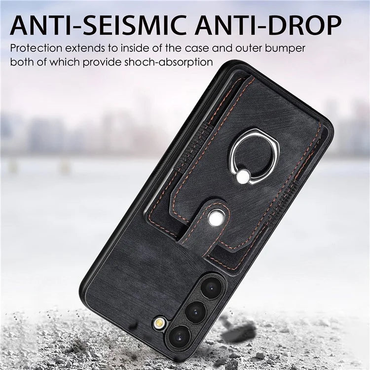 D2 For Samsung Galaxy S23+ Case Ring Kickstand Elastic Card Holder Leather+TPU Phone Cover