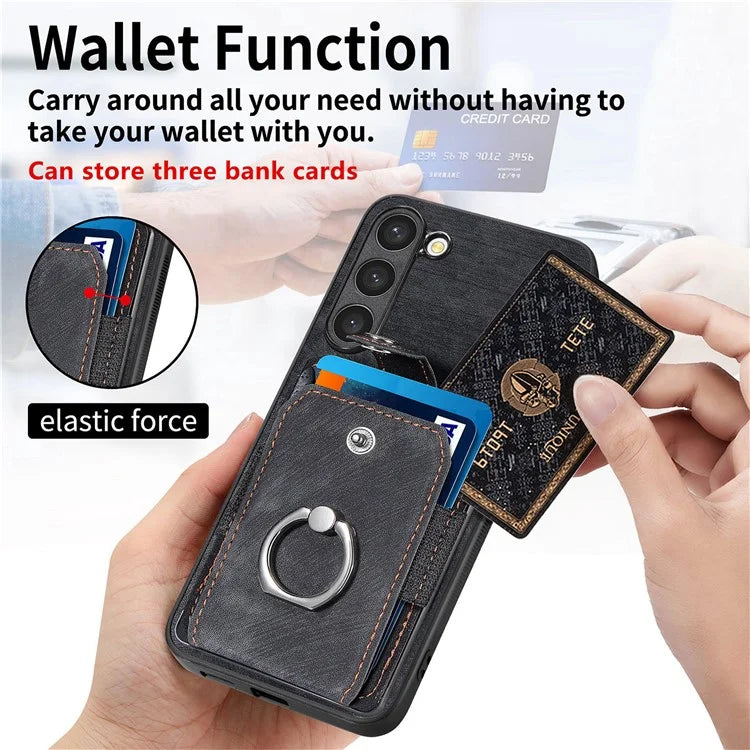 D2 For Samsung Galaxy S23+ Case Ring Kickstand Elastic Card Holder Leather+TPU Phone Cover
