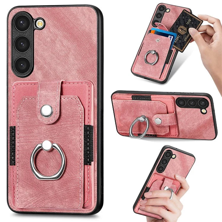 D2 For Samsung Galaxy S23+ Case Ring Kickstand Elastic Card Holder Leather+TPU Phone Cover