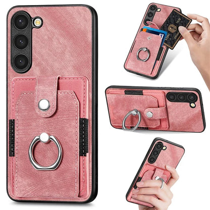 D2 For Samsung Galaxy S23+ Case Ring Kickstand Elastic Card Holder Leather+TPU Phone Cover