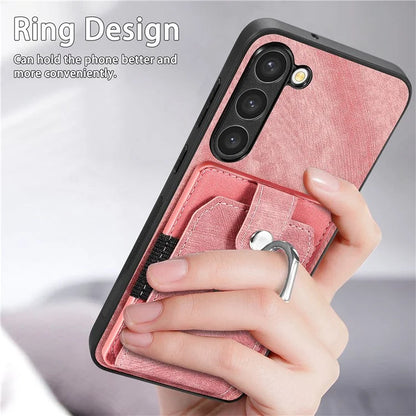 D2 For Samsung Galaxy S23+ Case Ring Kickstand Elastic Card Holder Leather+TPU Phone Cover