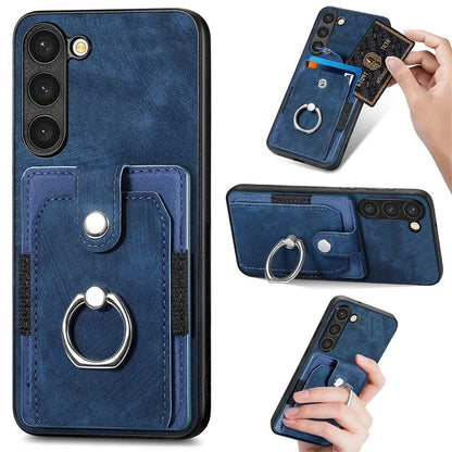 D2 For Samsung Galaxy S23+ Case Ring Kickstand Elastic Card Holder Leather+TPU Phone Cover