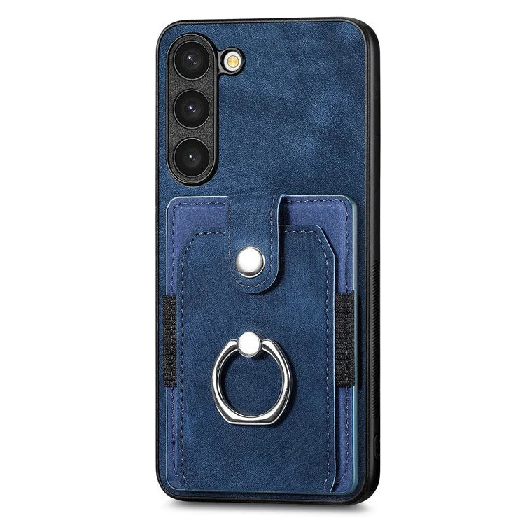 D2 For Samsung Galaxy S23+ Case Ring Kickstand Elastic Card Holder Leather+TPU Phone Cover