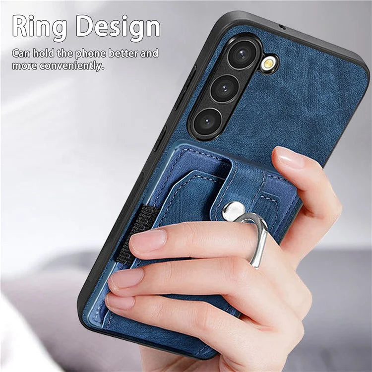 D2 For Samsung Galaxy S23+ Case Ring Kickstand Elastic Card Holder Leather+TPU Phone Cover