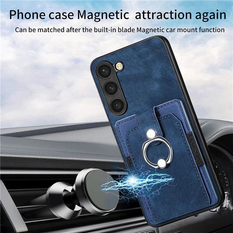 D2 For Samsung Galaxy S23+ Case Ring Kickstand Elastic Card Holder Leather+TPU Phone Cover