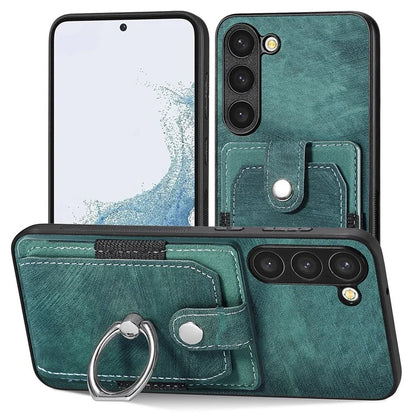 D2 For Samsung Galaxy S23+ Case Ring Kickstand Elastic Card Holder Leather+TPU Phone Cover
