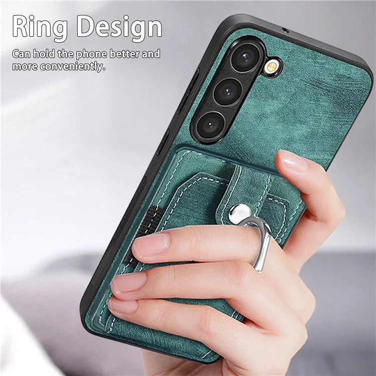 D2 For Samsung Galaxy S23+ Case Ring Kickstand Elastic Card Holder Leather+TPU Phone Cover