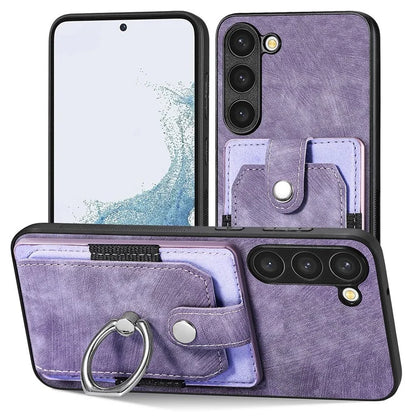 D2 For Samsung Galaxy S23+ Case Ring Kickstand Elastic Card Holder Leather+TPU Phone Cover