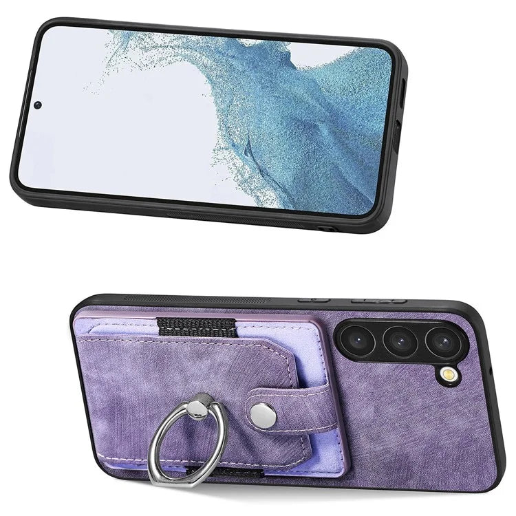 D2 For Samsung Galaxy S23+ Case Ring Kickstand Elastic Card Holder Leather+TPU Phone Cover