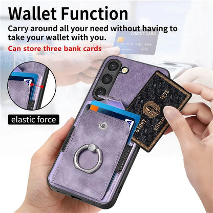 D2 For Samsung Galaxy S23+ Case Ring Kickstand Elastic Card Holder Leather+TPU Phone Cover
