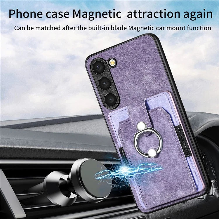 D2 For Samsung Galaxy S23+ Case Ring Kickstand Elastic Card Holder Leather+TPU Phone Cover
