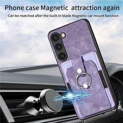 D2 For Samsung Galaxy S23+ Case Ring Kickstand Elastic Card Holder Leather+TPU Phone Cover