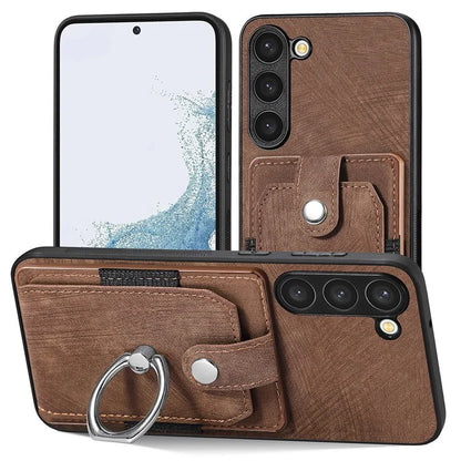 D2 For Samsung Galaxy S23+ Case Ring Kickstand Elastic Card Holder Leather+TPU Phone Cover